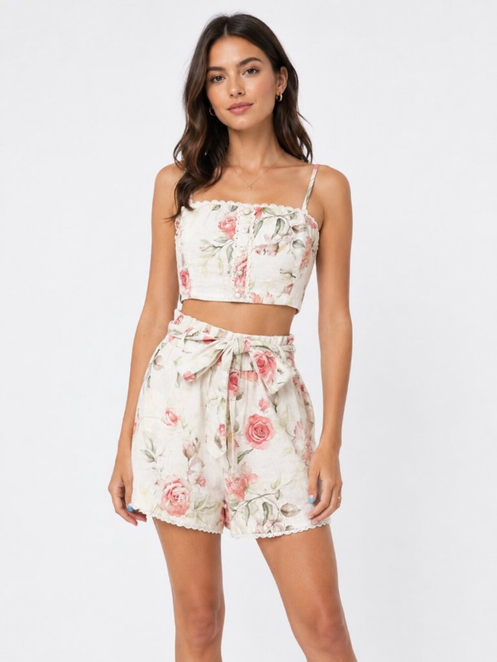 NWT CAROLINE CONSTAS FLORAL LINEN BLEND CROP TOP BAGGY SHORTS COORD SET - S
